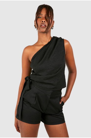 Linen Asymmetric Ruched Blouse - black