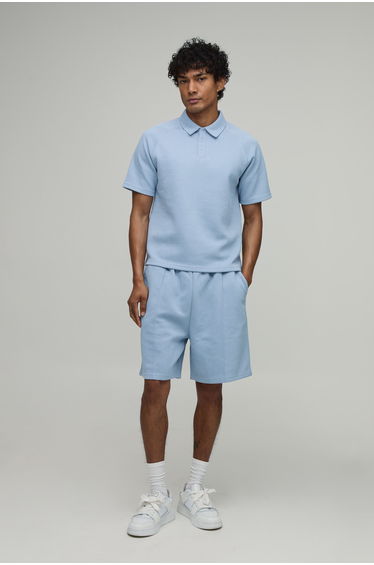 Boxy Wavy Jacquard Raglan Polo & Pleat Detail Shorts Set - dusty blue