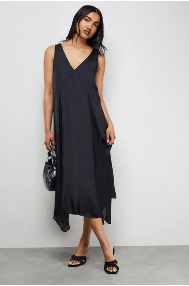 فستان ميدي شيفون بحافة بطول متباين بلا أكمام