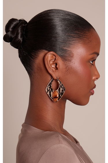 Gold Hammered Tiger Eye Abstract Statement Earrings