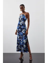 Petite Satin Floral Devore Woven Strappy Midaxi Dress
