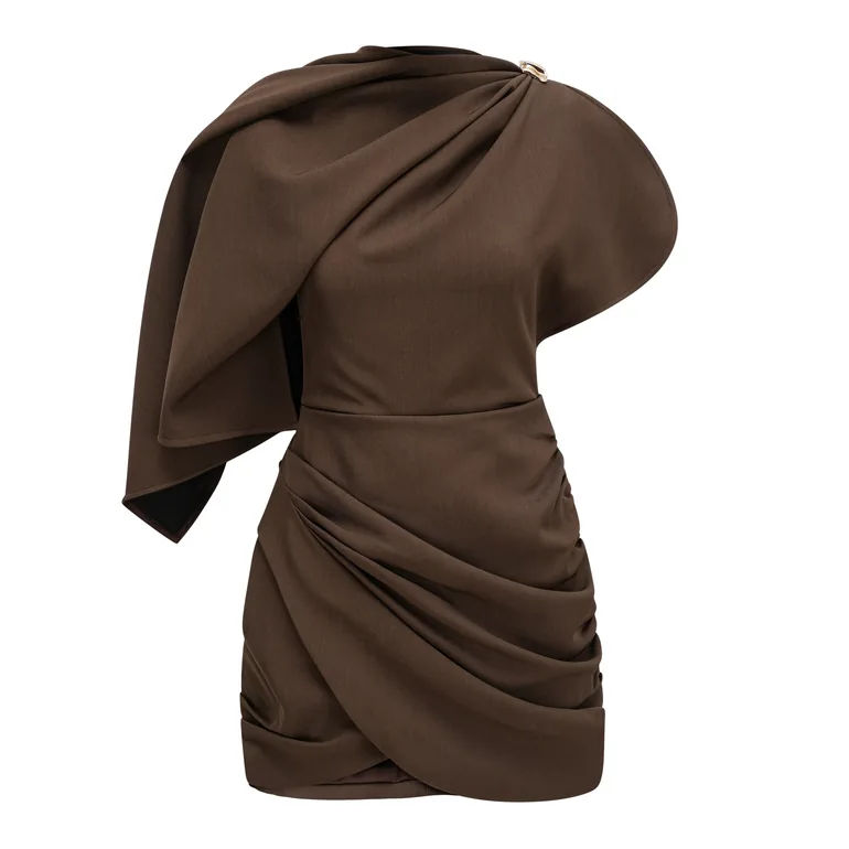 francescas brown dress Francesca Brown Asymmetrical Gathered Mini Dress main image 1