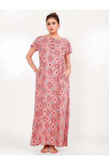 Pink Ikat Print Viscose Rayon Nightdress
