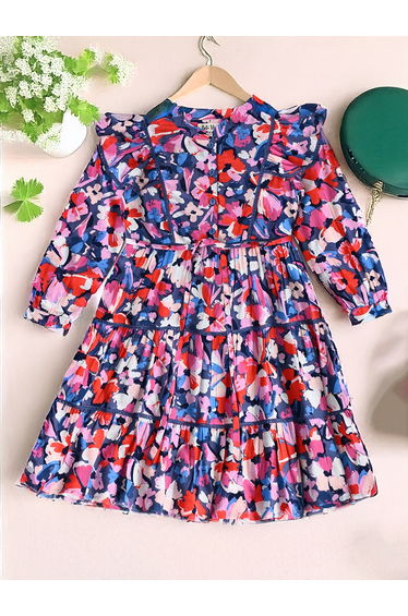 All-Over Floral Print Ruffle Trim Tiered Dress with 3/4th Sleeves
