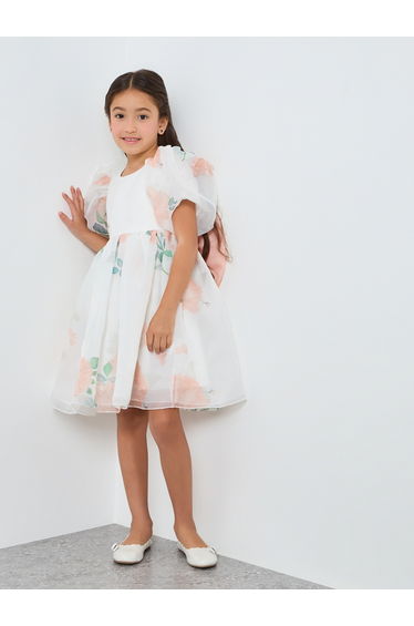 Girls Orange Floral Print Puff Sleeve Dress