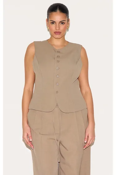 Plus Taupe Tailored Woven Waistcoat