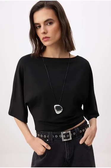 Anthracite Regular/Normal Fit Asymmetric Neck Low Shoulder Long Sleeve Knitted Blouse