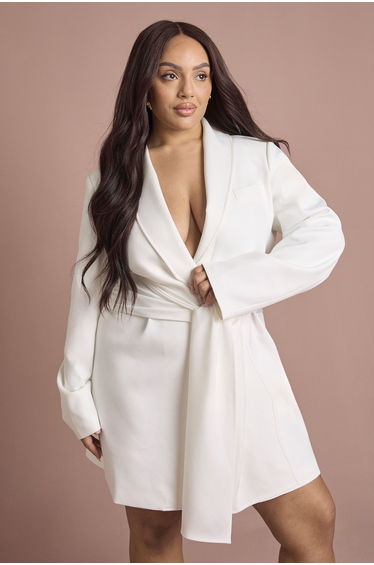Plus Tie Waist Obi Blazer Dress - white