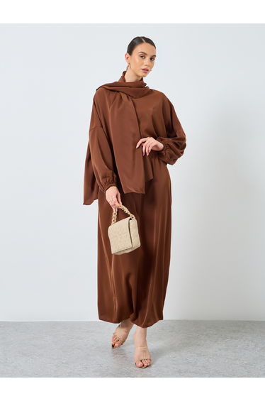 Brown Volume Sleeves Abaya with Matching Scarf