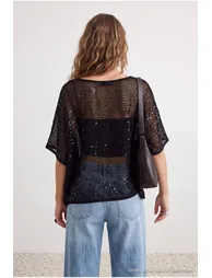Black Sequin Embroidered Knitwear Sweater - 2