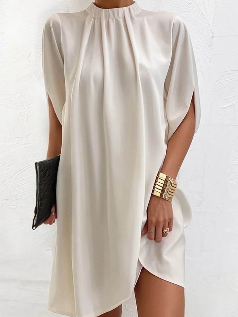Loose Short Sleeves Solid Color Stand Collar Mini Dresses Uoozee Beige : Day Dresses : VogaCloset Oman Loose Short Sleeves Solid Color Stand Collar Mini Dresses Uoozee Beige : Day Dresses : VogaCloset Oman