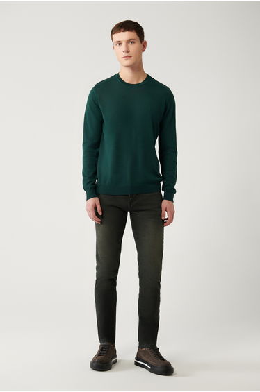 Men's Green Crew Neck Wool Blend Knitwear Regular Fit Sweater