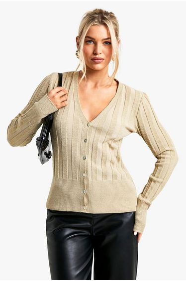 Metallic Gold Thick Rib Knitted Cardigan - metallic gold