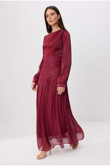 Burgundy Belde Draped Shiny Fabric Woven Evening Dress