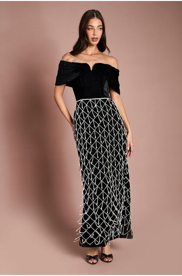 Atelier Velvet Corset Pearl Embellished Maxi Dress