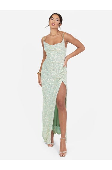 Maya Green Fully Embellished Cami Cowl Neck Maxi Dress