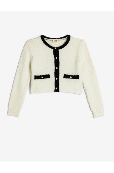 Knitted Cardigan Buttoned Round Neck Pocket Detail Pearl Buttons