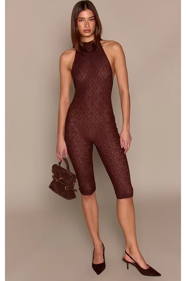 Chocolate Lace High Neck Ruched Back Capri Jumpsuit