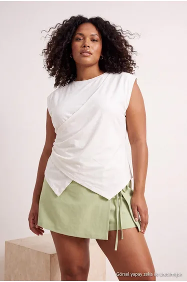 Ecru Fitted/Body-Fitting Sleeveless Asymmetrical Cotton Stretch Knitted Plus Size Blouse