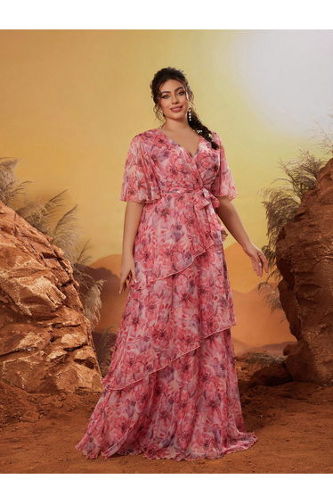 Leely Plus Women's Elegant V Neck Flounce Sleeve Party Dresses
