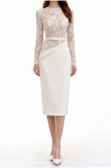 Sabine White Lace Panel Midi Dress