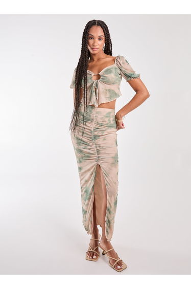 Tie Dye Ruched Split Maxi Skirt