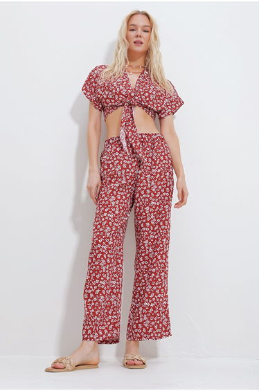 Women's Cinnamon Patterned Tie Crop Blouse And Pocket Trousers Bottom Top Woven Suit