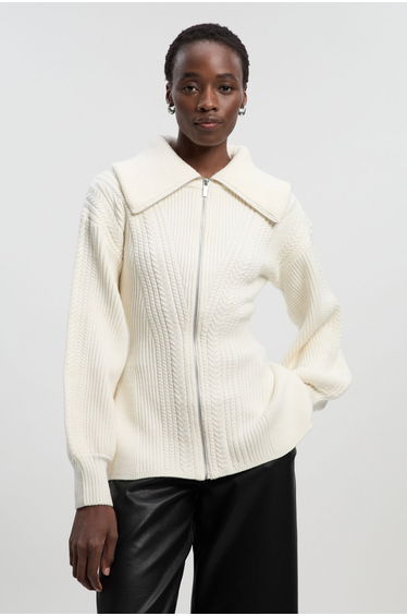Cable Knit Balloon Sleeve Peplum Zip Through Cardigan