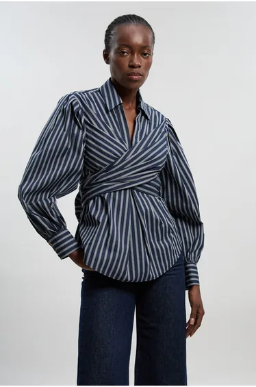 Cotton Poplin Drama Sleeve Woven Wrap Detail Blouse