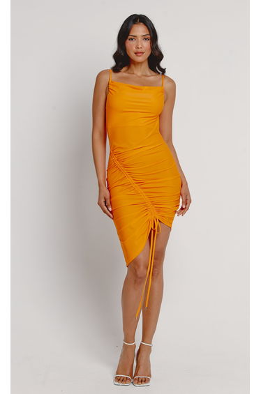 Orange Asymmetric Ruched Slinky Dress