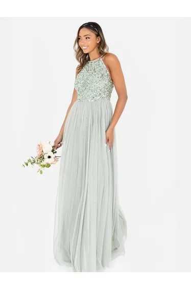 Maya Green Lily Embellished Halter Neck Maxi Dress