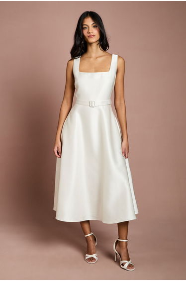 Petite Belted Twill Midi Dress