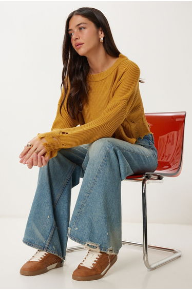 Women's Mustard Ripped Detail Oversize Knitwear Sweater