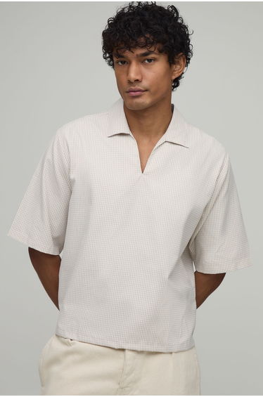 Oversized Boxy Poplin Check V-Neck Polo - light brown