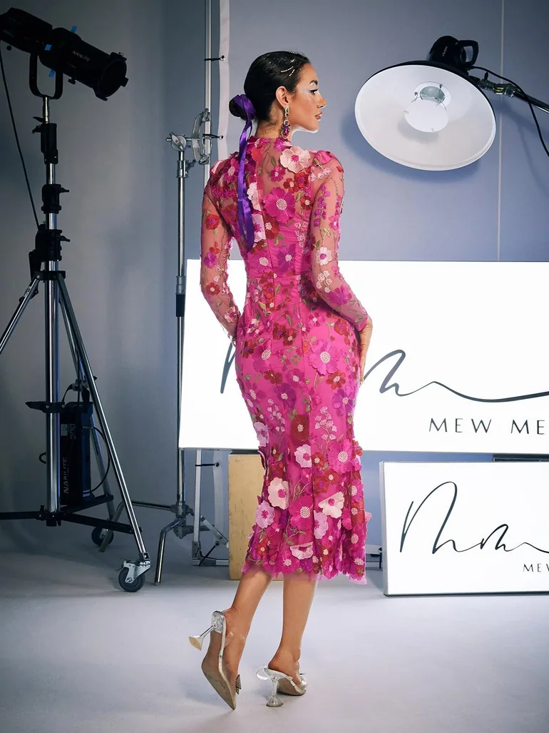knee length dresses for ladies 121522 Hot Pink Long Sleeve Midi Sweater Dress One Size Fit All