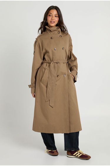 Funnel Neck Double Breasted Trench - mushroom