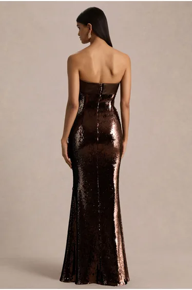 Leona | Brown Sequin Bandeau Maxi Dress With Satin Trim