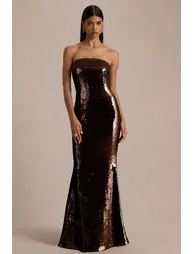 Leona | Brown Sequin Bandeau Maxi Dress With Satin Trim