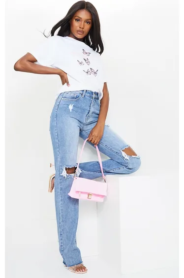 PRETTYLITTLETHING Tall Mid Blue Wash Distressed Long Leg Straight Jean