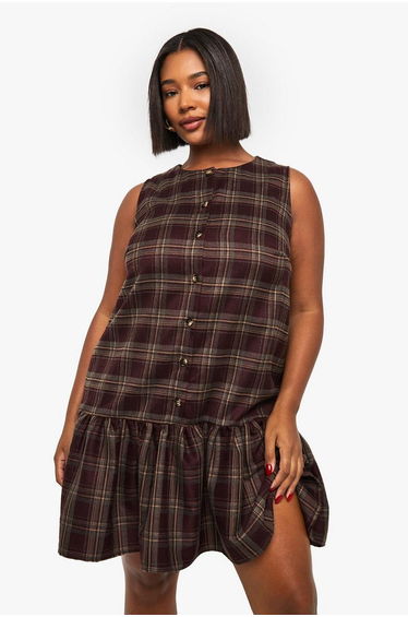 Plus Check Button Down Drop Hem Smock - brown