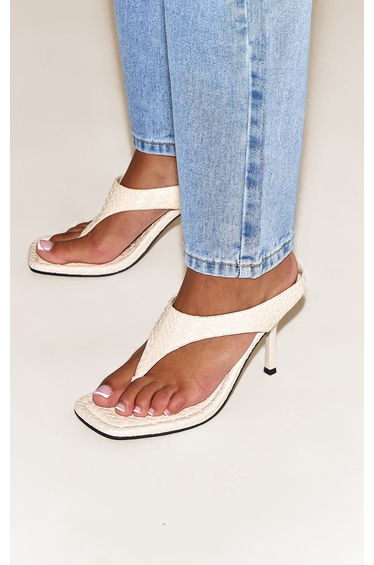 Cream Weave Square Toe Thong Mule