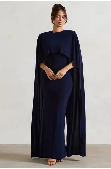 Padma | Navy Draped Maxi Dress With Cape Sleeves