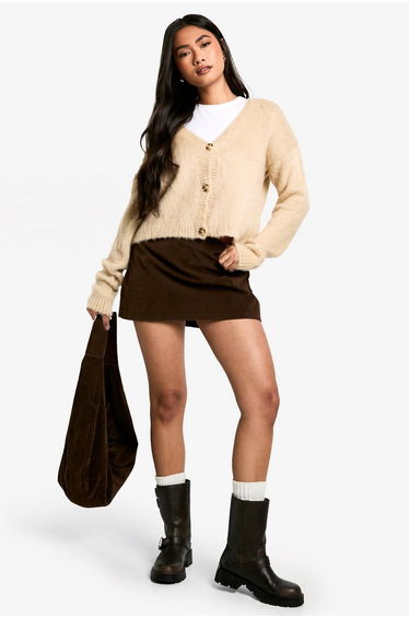 Brushed Knit Button Through Cardigan - stone