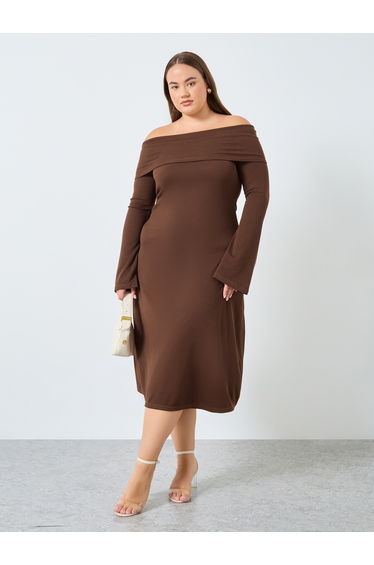 Plus Size Bardot Neck Ribbed Midi Dress