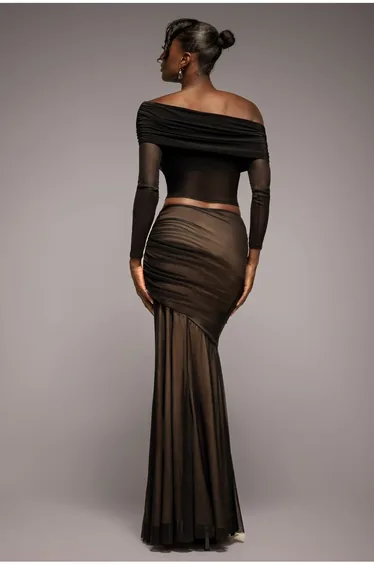 Mesh Gathered Mermaid Maxi Skirt - Black by Goddiva