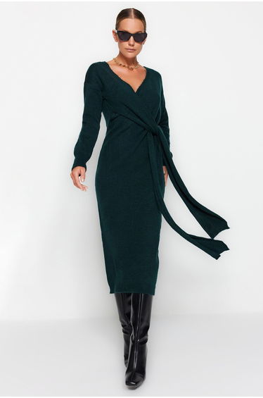 Emerald Green Maxi Knitwear Double Breasted Collar Tie Dress
