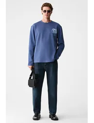 GRIMELANGE CREATOR Men's Navy Blue Oversized Long Sleeve Cotton T-Shirt with Printed Chest and Back Crew Neck