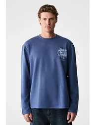 GRIMELANGE CREATOR Men's Navy Blue Oversized Long Sleeve Cotton T-Shirt with Printed Chest and Back Crew Neck - 3