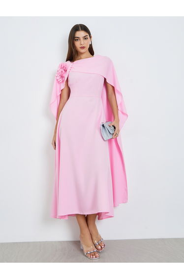 Women Pink Floral Detail Cape Detail Midi Dress