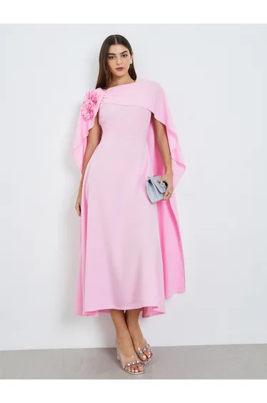 فستان ميدي بتفصيلة كاب بطبعة أزهار - زهري